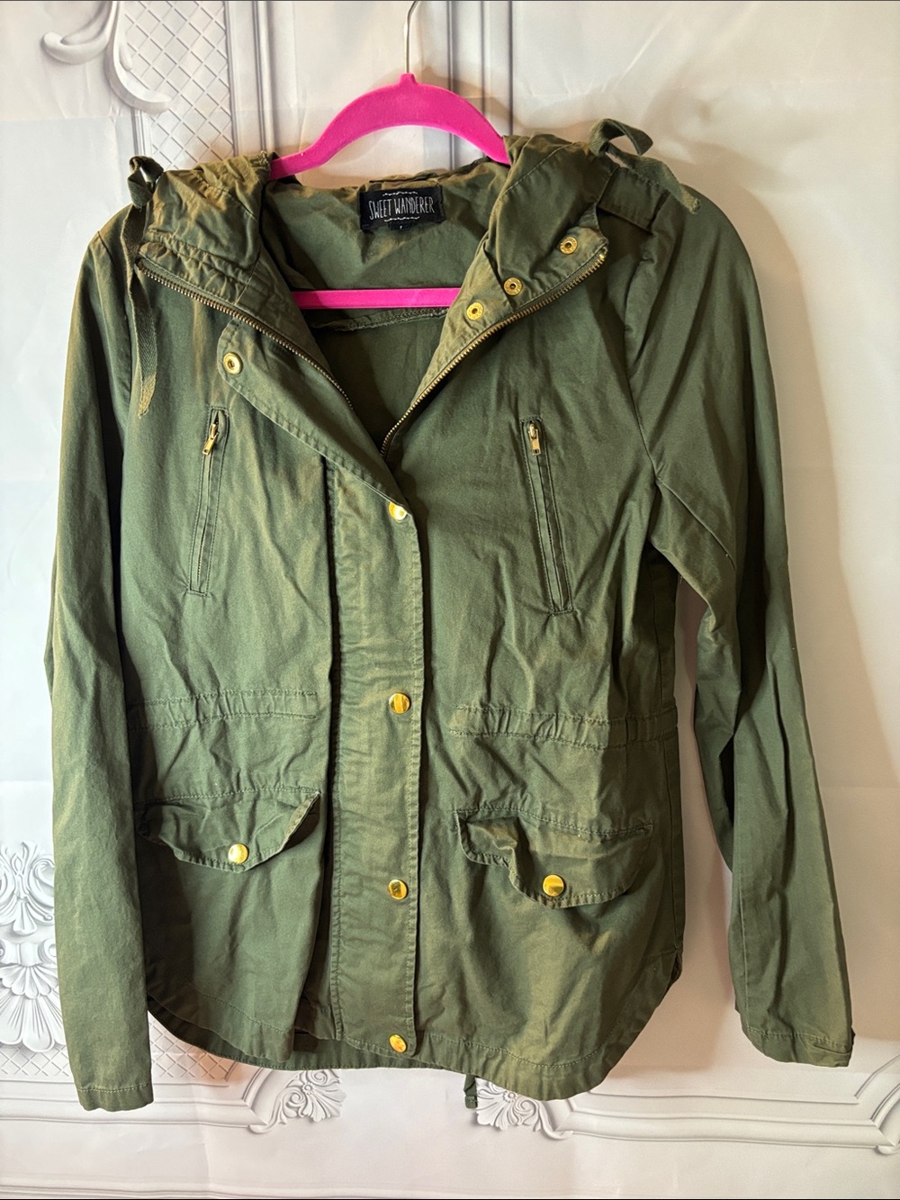 Sweet Wanderer Juniors Olive Utility Jacket with Hood, Size Small